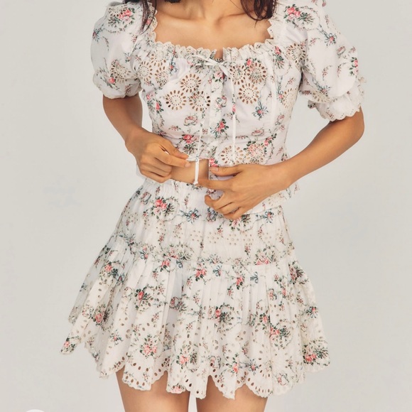 New Love Shack Fancy Sarie Mini Skirt Shown here in Vanilla Kisses. Size 4 - Picture 2 of 4